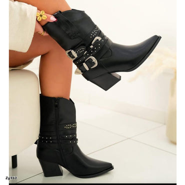 Botin texano negro correas apliques plateado tacon 7cm 255-018