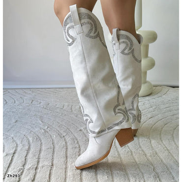 Bota texana beige doblez apliques plateado tacon 7cm HX3170-B9577