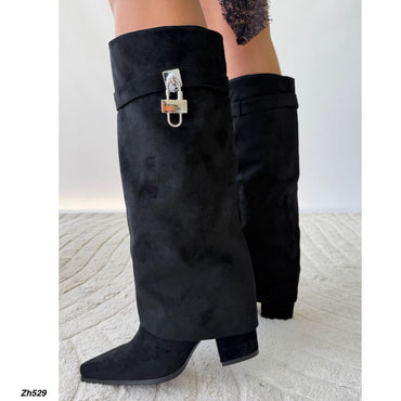 Bota caña alta negro doblez detalle plateado tacon 9cm HX3278-C1668