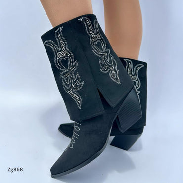 Bota negro doblez detalles blanco apliques brillante tacon 7cm 255-028