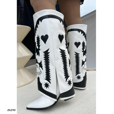 Bota texana blanco doblez detalles negro tacon 8cm HX3198-C1300