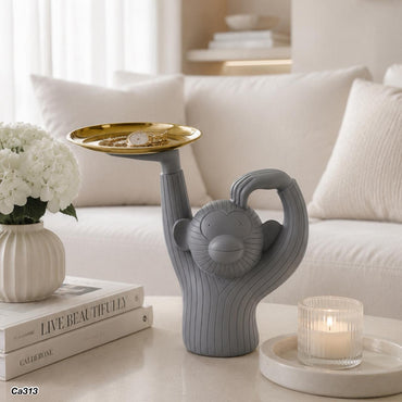 Articulo decorativo mono resina gris bandeja dorada 28,5cm* 14cm* 30cm