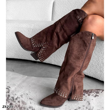 Bota texana café doblez apliques plateado tacon 7cm BM183 C-85
