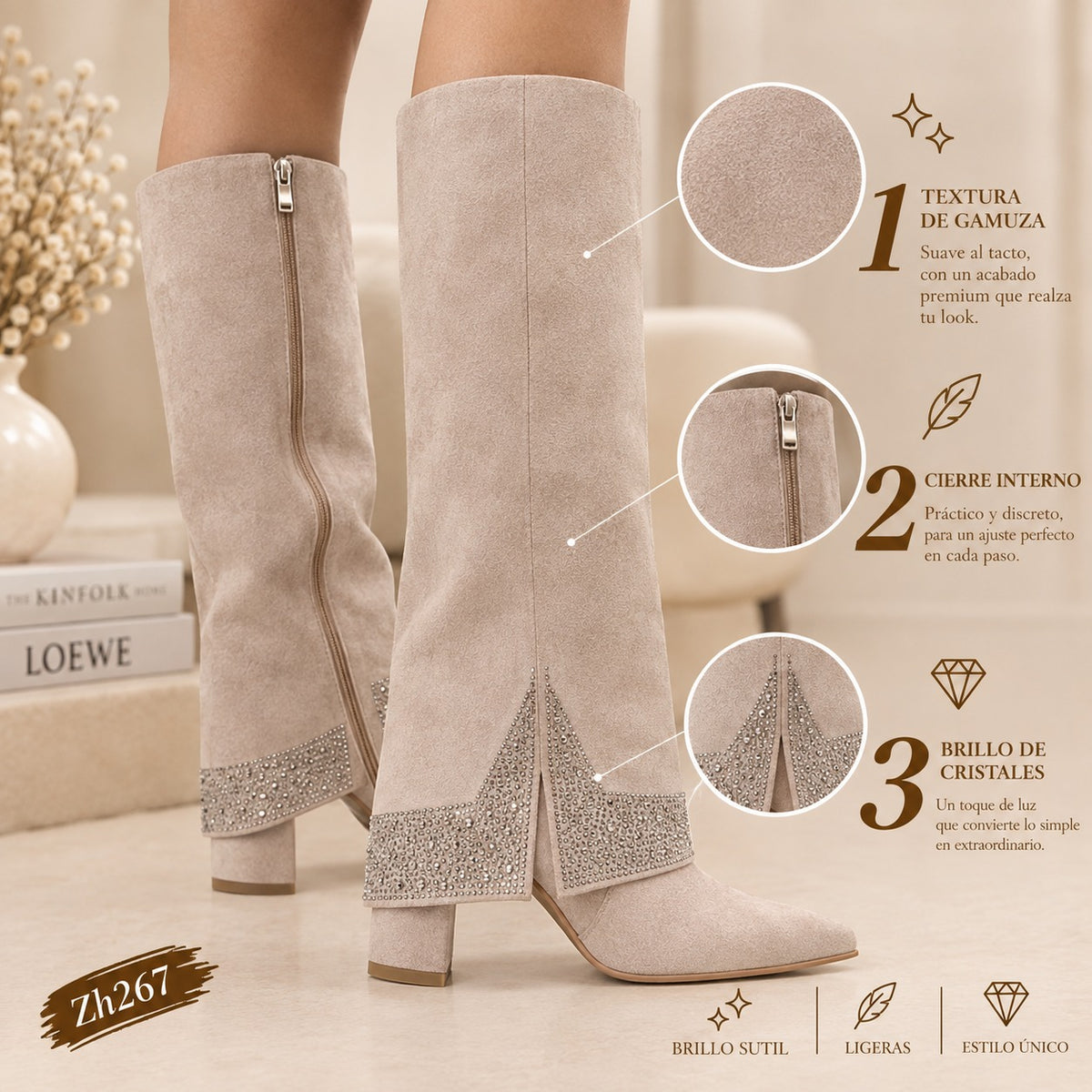 Bota caña alta beige doblez apliques plateado tacon 9cm 255-108