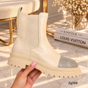 Botin beige apliques plateado brillantes suela 4cm 5182-6A C-51