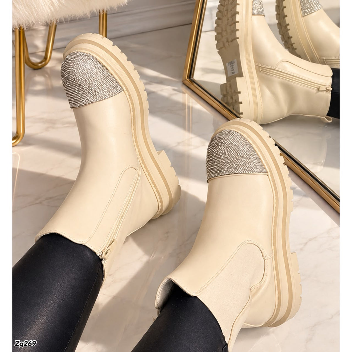 Botin beige apliques plateado brillantes suela 4cm 5182-6A C-51