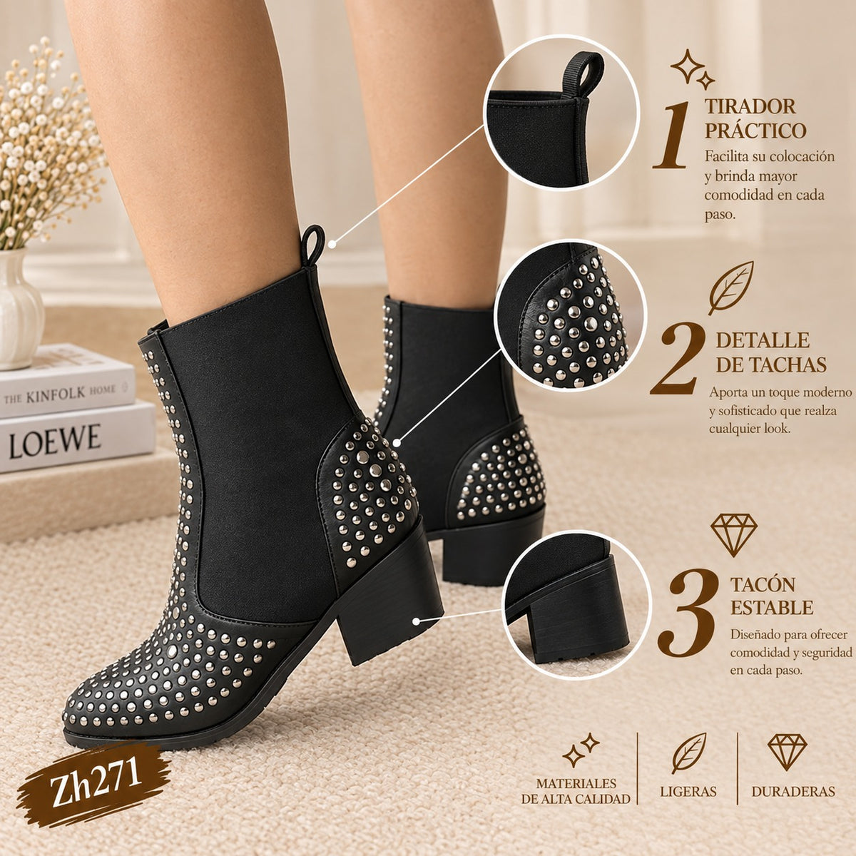 Botin texano negro resorte apliques plateado tacon 6cm 255-079