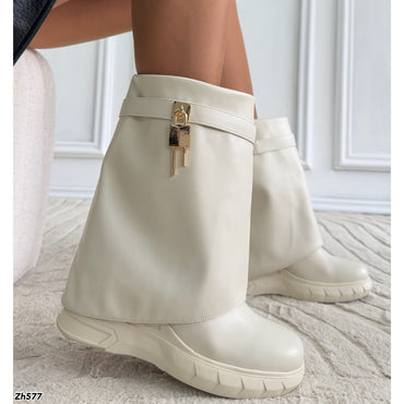 Bota beige doblez detalle dorado tacon corrido 8cm HX3090-C1099