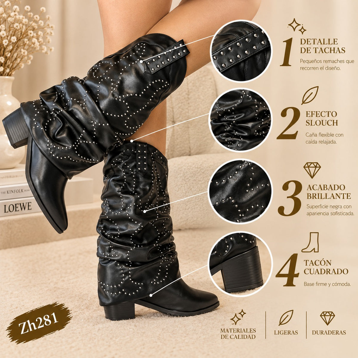 Bota texana negro doblez apliques y taches plateado tacon 6cm 255-074