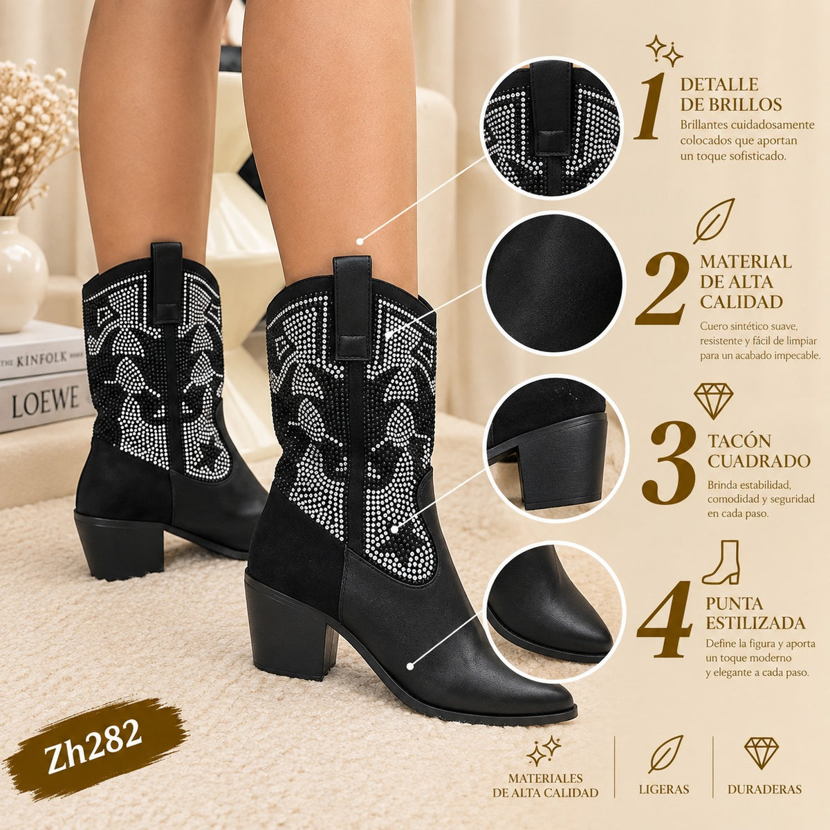 Botin texano negro apliques brillante tacon 7cm 255-084