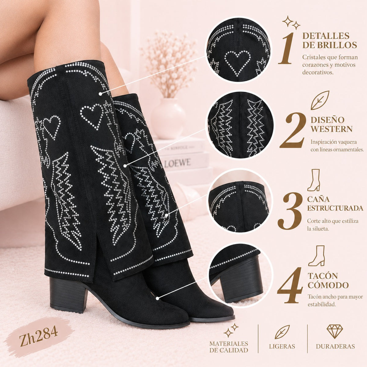 Bota texana negro doblez apliques brillantes tacon 7cm HX3170-B9573
