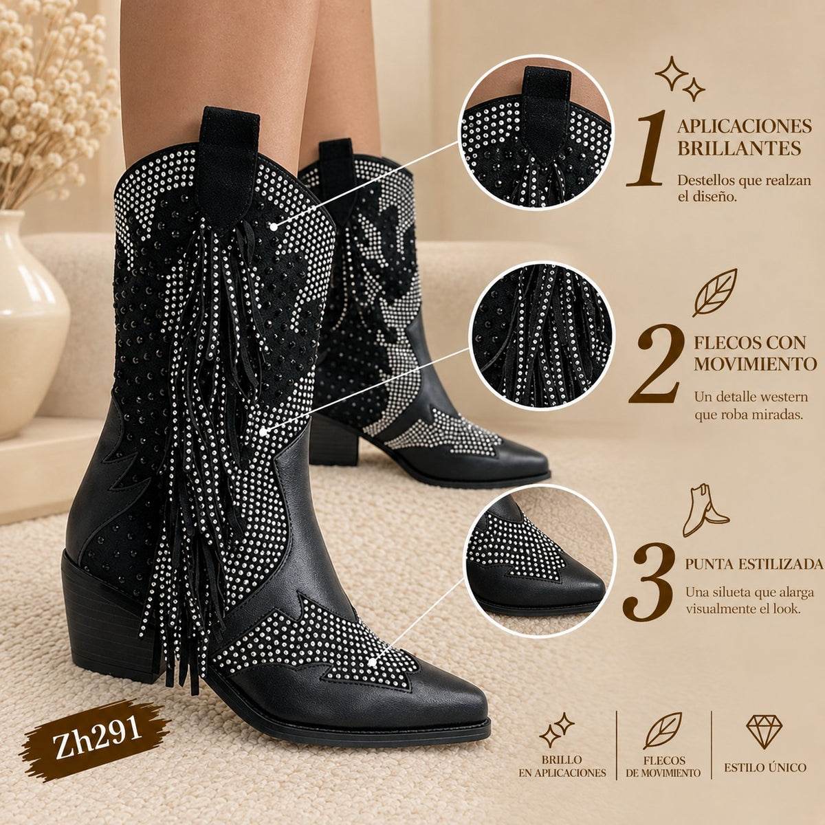 Botin texano negro detalle flecos apliques plateado brillantes tacon 6cm HX3168-C1262