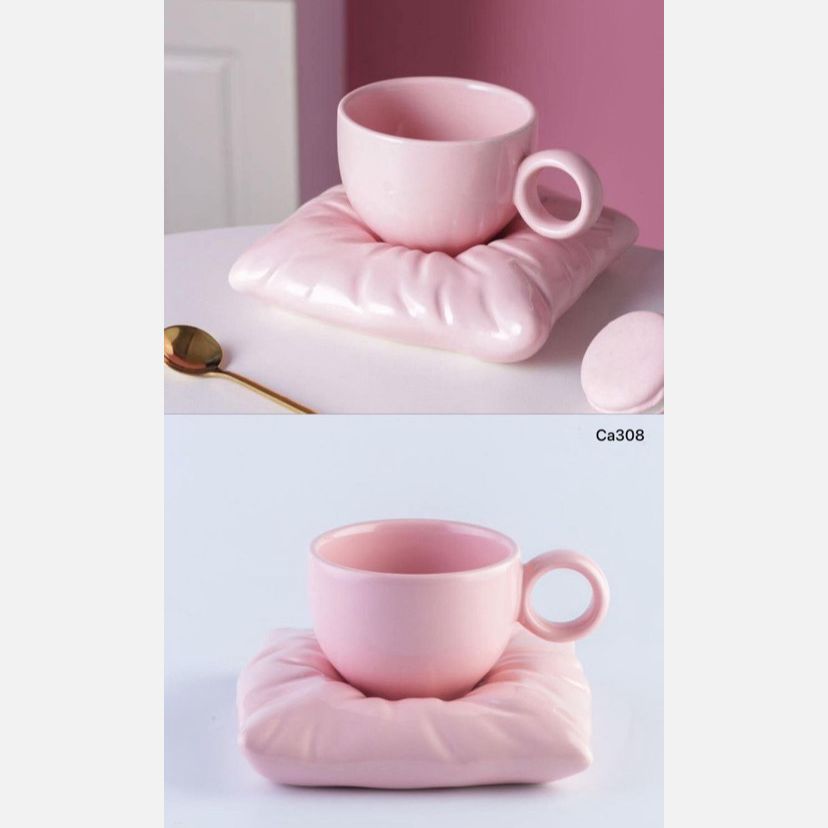 Taza plato cojin rosado ceramica 220ml