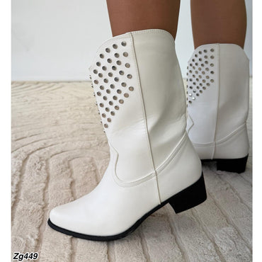 Bota texana blanco apliques plateados tacon 4cm WC98 C-T