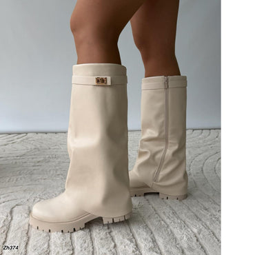 Bota caña alta beige doblez detalle dorado suela 4cm SM576 C-129