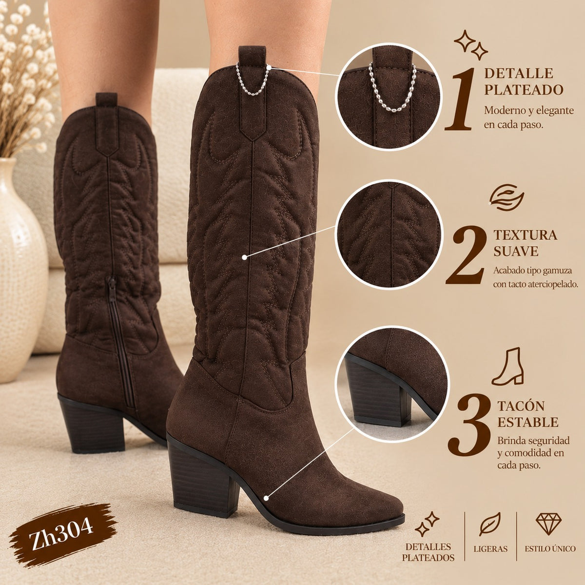 Bota texana café tacon 7cm J37 C - 100