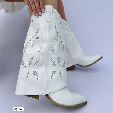 Bota texana blanco doblez apliques plateado tacon 7cm HJ5101 C-34