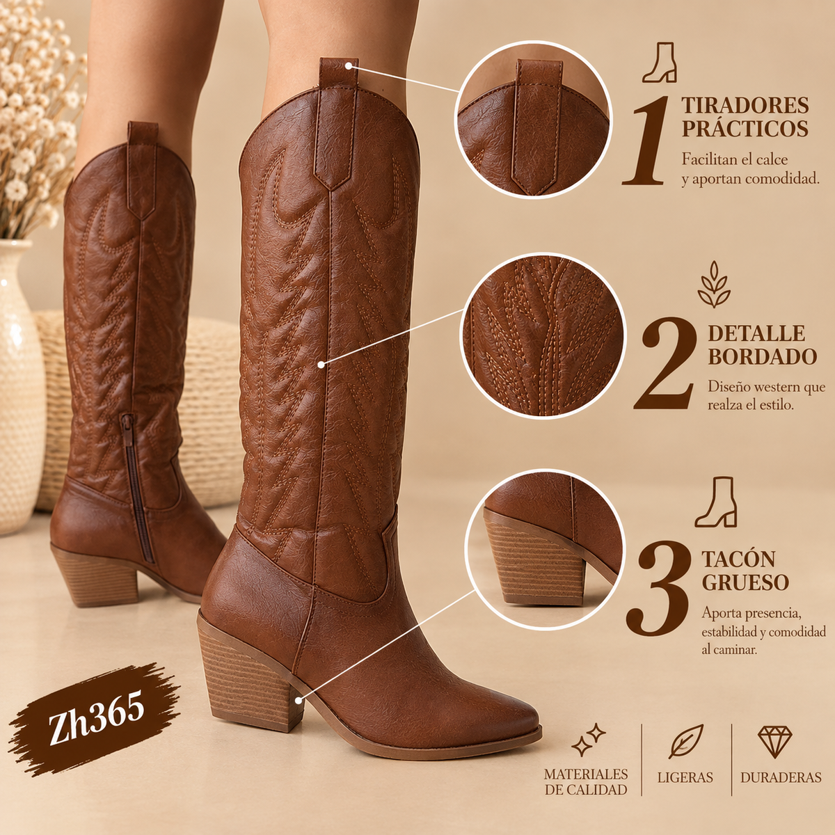 Bota texana café claro tacon 7cm Y03 C-108