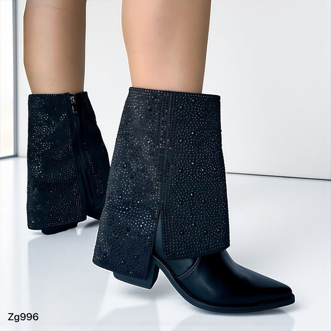 Botin texano negro doblez apliques brillantes tacon 7cm 52011 C-39