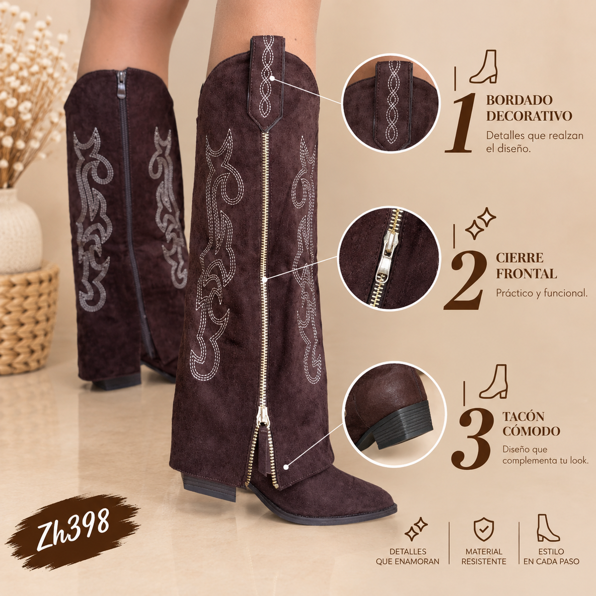 Bota texana café doblez detalle cierre dorado tacon 7cm 2P8D-X1414-10 C-134