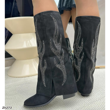Bota texana negro doblez apliques plateado tacon 6cm 255-075