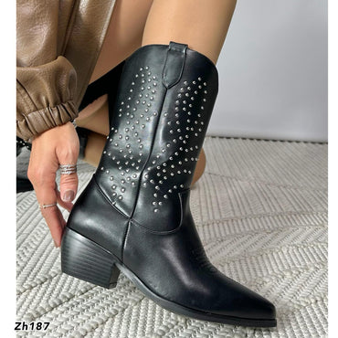 Bota texana negro apliques plateado tacon 5cm HX3152-C1187