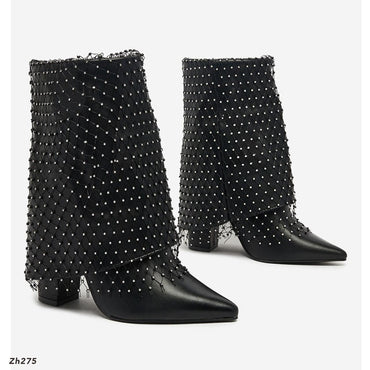Botin negro doblez malla apliques brillante tacon 9cm 255-022