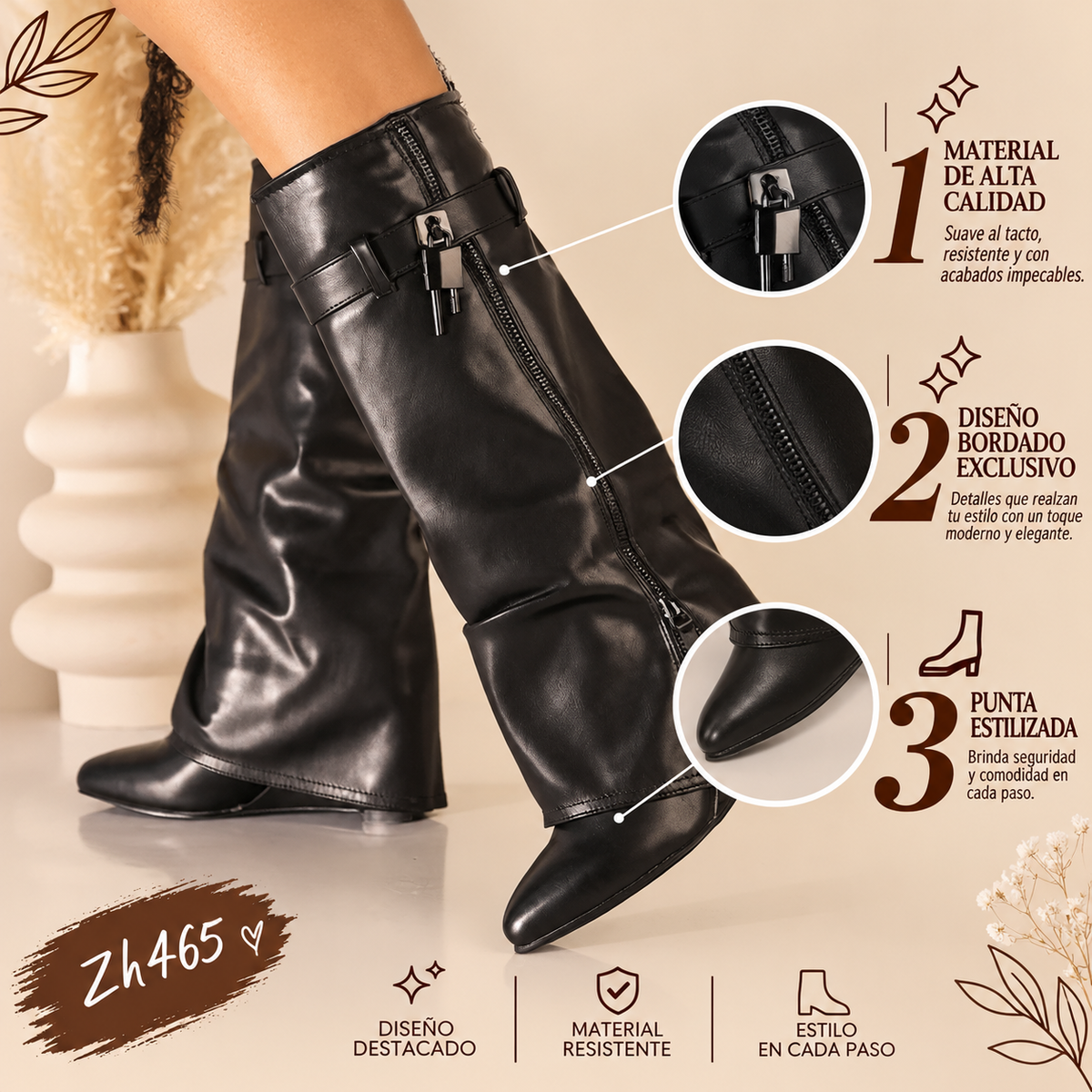 Bota caña alta negro doblez detalle correa tacon corrido 9cm G690 C-146