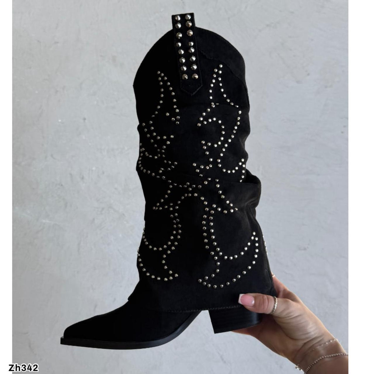 Bota texana negro doblez apliques plateado tacon 8cm A9982 C-122