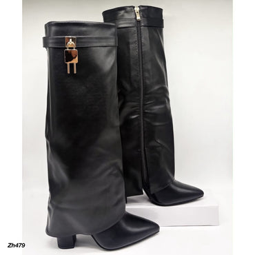Bota caña alta negro doblez detalle dorado tacon 11cm K0010 C-152