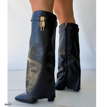Bota caña alta negro doblez detalle dorado tacon 11cm K0010 C-152