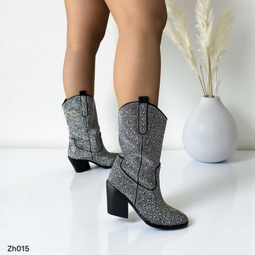 Bota texana negro apliques plateado brillante tacon 8cm HX3083-B9369