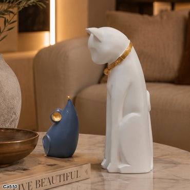 Set gato blanco y raton azul detalle dorado 12cm* 10cm* 30cm - 8cm* 7cm* 13,5cm