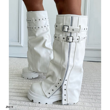 Bota caña alta blanco doblez cierre y correas plateado suela 6cm HX3167-B9578