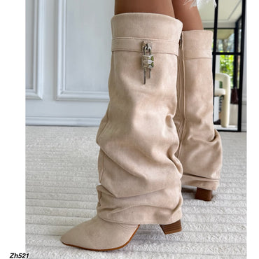 Bota caña alta beige doblez detalle plateado tacon 9cm HX3079-B9719