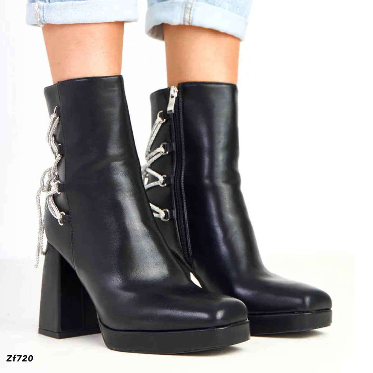 Botin negro cordon brillante tacon 10cm K6005 C-51