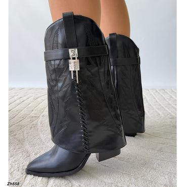 Bota texana negro doblez detalle plateado tacon 9cm HX3083-C1136