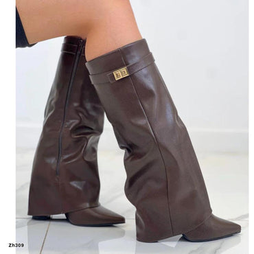 Bota caña alta café doblez detalle dorado tacon 9cm BM177 C-97