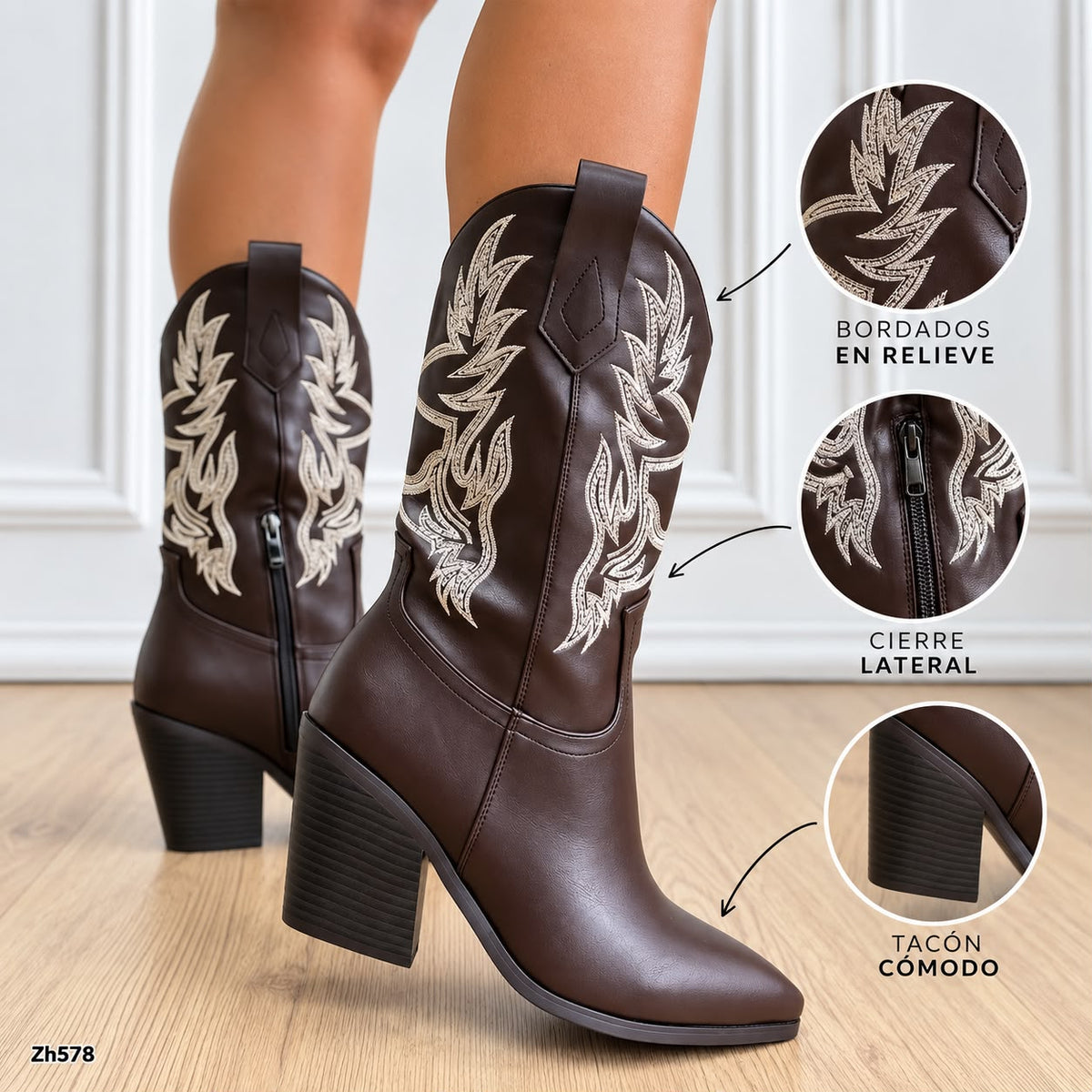 Bota texana café detalles blanco tacon 9cm HX3371-B0247