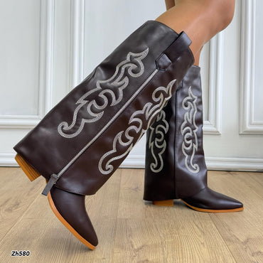 Bota texana café doblez detalles y cierre plateado tacon 6cm HX3325-C1797