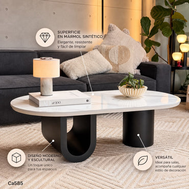 Mesa de centro piedra blanco base metal negro 120cm* 60cm* 40cm