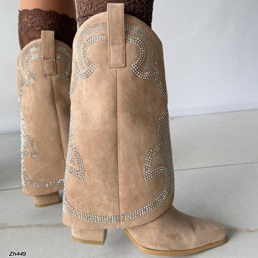 Bota texana beige doblez apliques plateado tacon 9cm HX3278-C1635