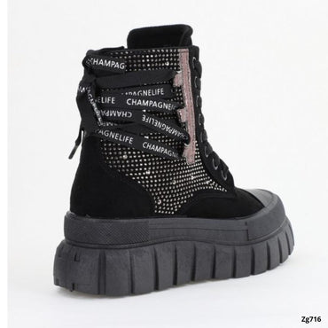 Botin negro apliques brillantes suela 5cm EV-337 C-74