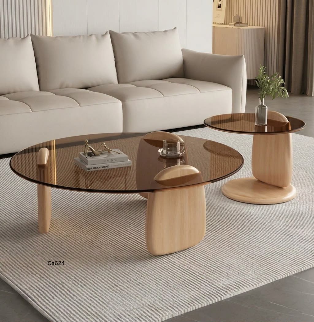 Mesa de centro vidrio x 2 base en madera 80cm* 33cm --- 50cm* 39cm