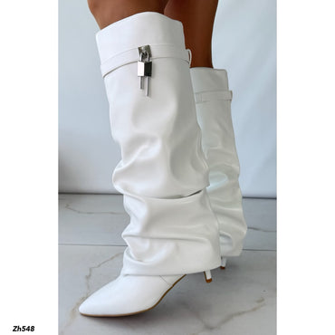 Bota caña alta blanco doblez detalle plateado tacon puntilla 6cm HX3392-B0227