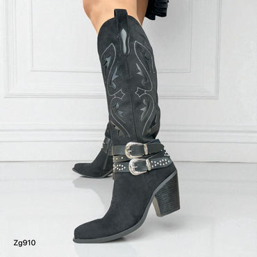 Bota texana negro detalles correas plateado tacon 8cm A9981 C-20