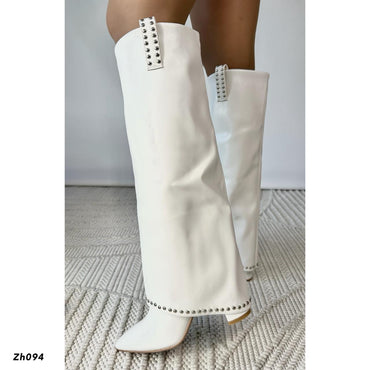 Bota caña alta blanco doblez apliques plateado tacon 8cm 255-033