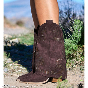Bota texana café oscuro doblez apliques negro brillantes tacon 8cm A9589 C-83