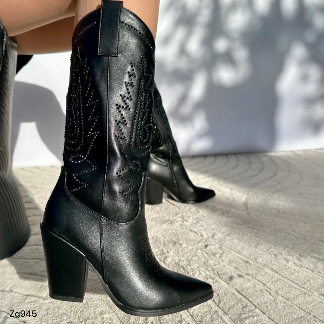 Bota texana negro apliques brillantes tacon 10cm 255-006