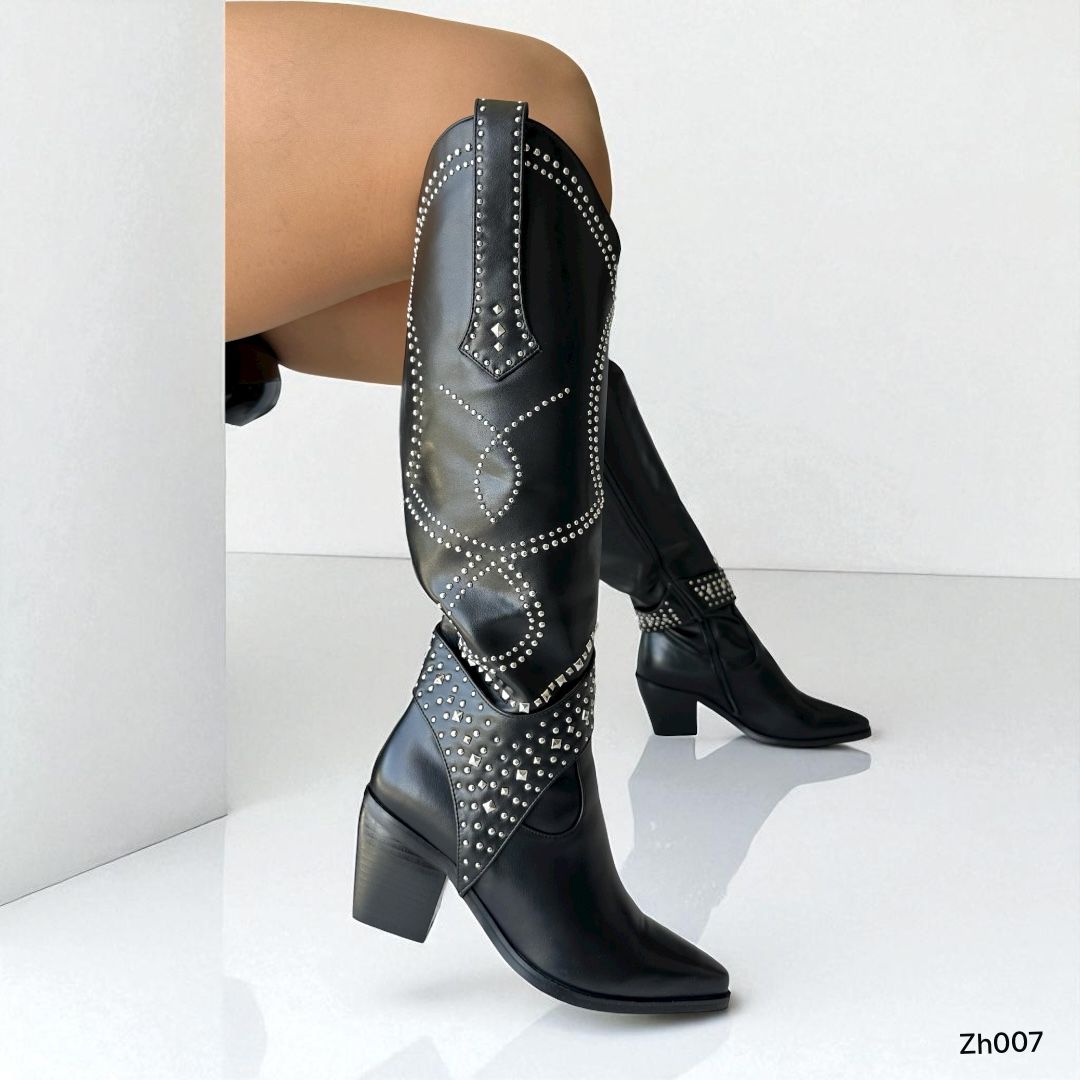 Bota caña alta texana negro apliques plateado tacon 7cm HX3085-B9380